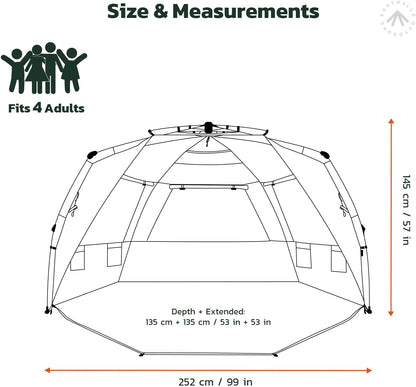 Instant Shader Dark Shelter XL Beach Tent 99" Wide for 4-6 Person Sun Shelter UPF 50+ with Extended Zippered Porch Pacific Blue