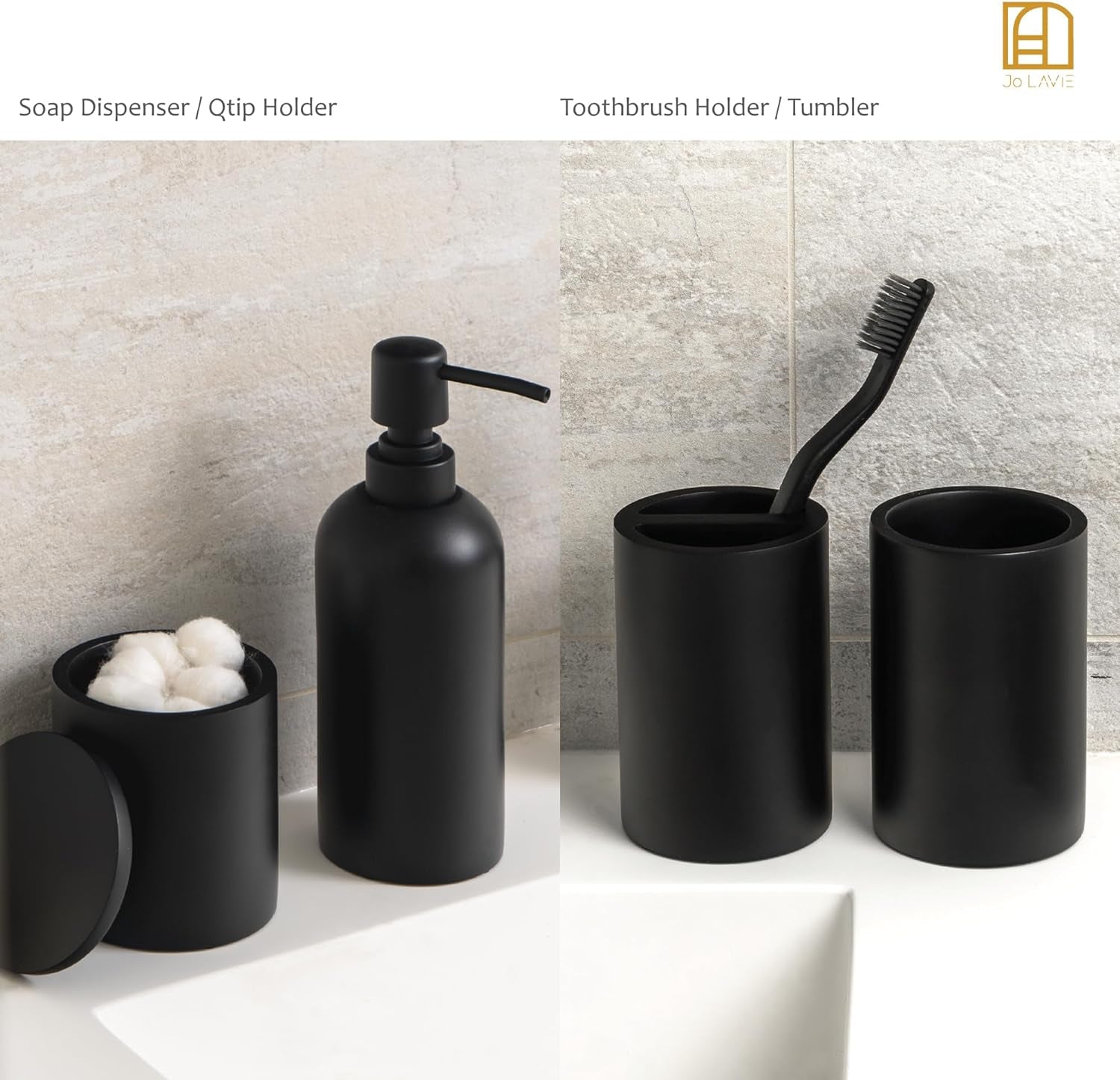 Matte Black Bathroom Accessories Set, 4 Pcs Organizer with Soap Dispenser, Qtip Holder, Tumbler, Toothbrush Holder – Accesorios Para Baño Moderno