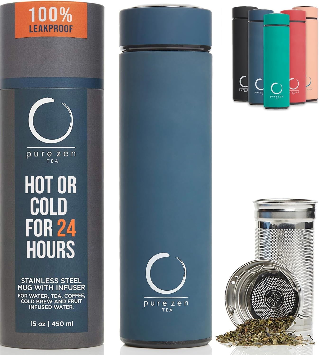 Thermos with Infuser for Tea, Coffee and Fruit-Infused Water - Stainless Steel - Tea Infuser Bottle - Leakproof Travel Mug with Filter - 15Oz - Blue