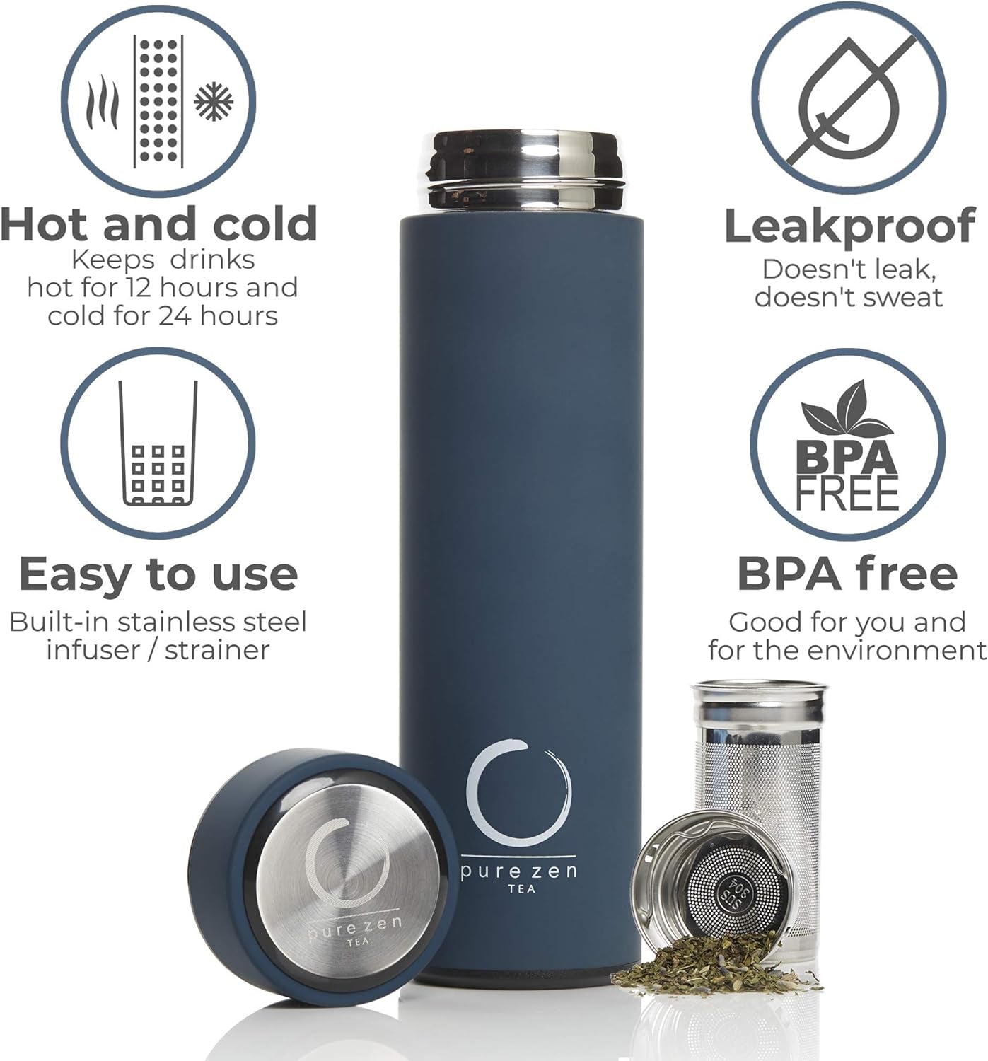 Thermos with Infuser for Tea, Coffee and Fruit-Infused Water - Stainless Steel - Tea Infuser Bottle - Leakproof Travel Mug with Filter - 15Oz - Blue