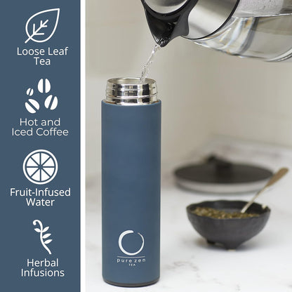 Thermos with Infuser for Tea, Coffee and Fruit-Infused Water - Stainless Steel - Tea Infuser Bottle - Leakproof Travel Mug with Filter - 15Oz - Blue